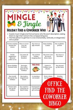 a christmas party game with the words, holiday finder who? and an image of two