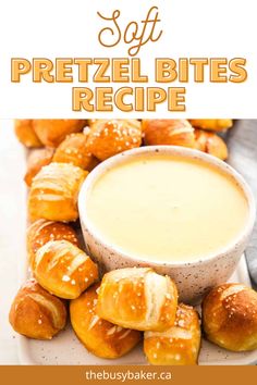 pretzel bites recipe on a white plate with a bowl of dip in the middle