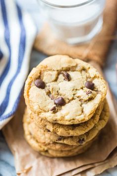 chocolate chip cookies stacked on top of each other