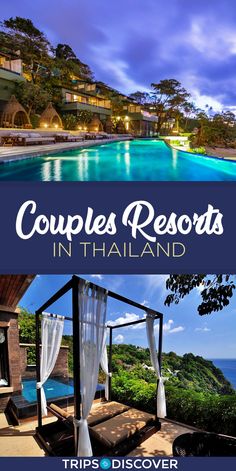 an outdoor swimming pool with the words couples's resort in thailand on top and below