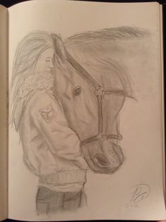 a pencil drawing of a person and a horse