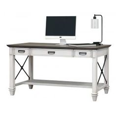 a computer desk with two drawers and a monitor on it's stand, in front of a white background