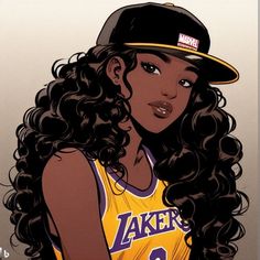 a drawing of a woman with long hair wearing a lakers jersey and cap on her head