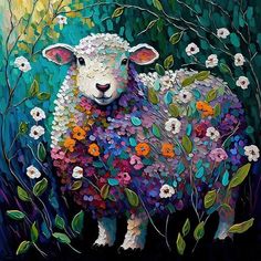 a painting of a sheep surrounded by flowers