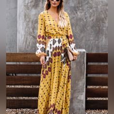 Vici Yellow Print Flowing Long Sleeve Maxi Dress With A Draped Neckline And Sash Tie. New With Tags. Size Large Additional Details In Photos Get A Free Gift With This Purchase Bundle To Receive A Discount Otherwise Price Is Firm Please. Draped V Neckline Long Sleeves With Elastic Cuffs Elastic Waist Partially Lined Yellow Bohemian Maxi Dress For Fall, Fitted Long Sleeve Printed Boho Dress, Fitted Long Sleeve Boho Printed Dress, Yellow Long Sleeve Maxi Dress For Beach, Fall Beach Maxi Dress In Yellow, Yellow Flowy Long Sleeve Maxi Dress, Long Sleeve Yellow Boho Print Dress, Yellow Long Sleeve Boho Print Dress, Yellow Long Sleeve Dress With Boho Print