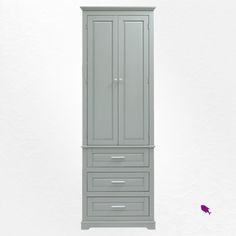 a tall gray cabinet with drawers on one side and a small purple bird on the other