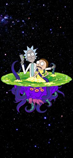 the rick and mort cartoon character are sitting on top of a floating object in space