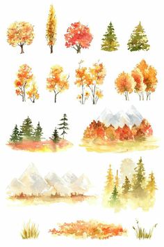 watercolor trees are shown in different colors