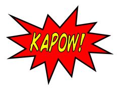 the word kapow is written in yellow and red