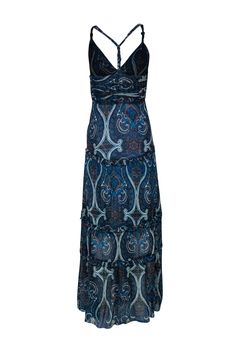 Transform into the ultimate bohemian beauty with this Intermix frock! Made with a colorful paisley print in a flowing maxi silhouette, this racerback beauty is perfect for adding some chic '70s style to your wardrobe. Whether you're headed to Coachella or a backyard soiree, pair this beauty with shiny sandals and a wide brim hat and you'll be one fab free spirit! Size S Shell: 100% Silk Lining: 100% Polyester Concealed side zipper Lined V-neckline Sleeveless Paisley print design Racerback w/ bra Paisley Print Design, Bohemian Beauty, Blue Paisley, Wide Brimmed Hats, 70s Fashion, Wide Brimmed, Paisley Print, Dark Blue, Paisley