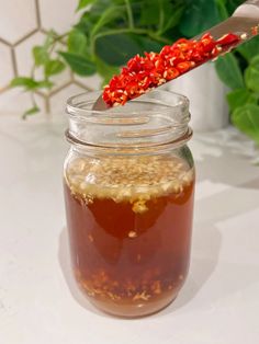 a jar filled with liquid sitting on top of a table next to a potted plant