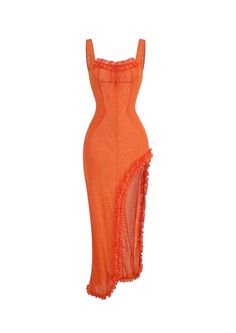 Ruffle Maxi Slit Dress Orange Dress Styling, Orange Red Dress, Orange Clothes, Orange Cocktail Dress, Orange Fits, Cascading Ruffles, House Of Beauty, Vacation Looks, Gauze Dress