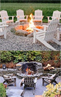 an outdoor fire pit with chairs around it, and another photo of the fire pit