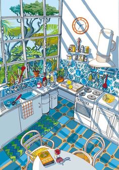 a drawing of a kitchen with blue and white tile on the floor, walls and ceiling