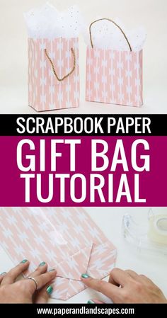 two bags with the words scrapbook paper gift bag on top and below it is an image