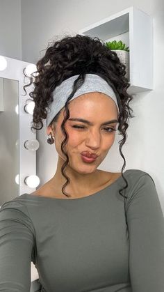 - Check more at https://howcandothis.com/hairstyleideas/97745/ Cute Updos For Work Nurse, Braid With Headband Hairstyles, Head Bands For Curly Hair, Hairband Hairstyle Curly Hair, Headband In Curly Hair, Curly Hair Updo With Headband, Curly Bun With Headband, Headband And Curly Hair, Curly Updo With Headband