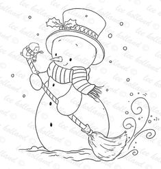 a black and white snowman with a broom