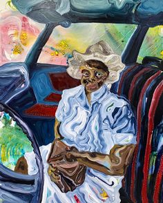 a painting of a woman sitting in the back seat of a car with her purse