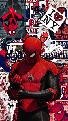 a spider man standing in front of many stickers