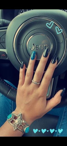 Dark Blue Western Nails, Black And Turquoise Nails Western, Dark Western Nails, Western Black Nails, Black Turquoise Nails, Western Turquoise Nails, Blue Western Nails, Black Western Nails, Turquoise And Black Nails