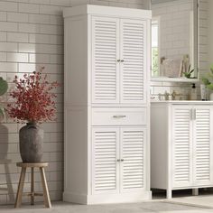 a bathroom with white cabinets and a plant on the floor in front of it's mirror