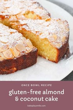 a close up of a cake on a plate with the words gluten - free almond 8 coconut cake