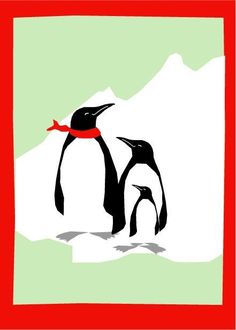 two penguins standing next to each other on a green and red background with an orange border