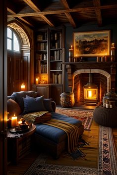 a living room filled with furniture and a fire place in the fireplace surrounded by bookshelves