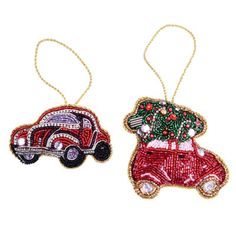 two christmas ornament ornaments, one with a car and the other with a tree