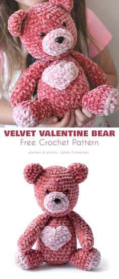 Velvet Valentine Bear Teddy Bear Patterns, Valentine Crochet, Crochet Bear Pattern, Valentine Bear, Teddy Bear Patterns Free, Crochet Valentine Patterns, Bear Patterns Free, Bear Patterns, Repeat Crafter Me