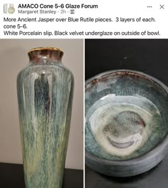 two pictures of different vases one is blue and the other has green speckles