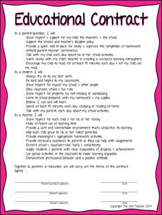 a pink and white poster with the words educational contract