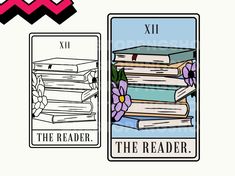 the reader tarot card with an image of books and flowers