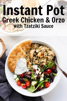 a white bowl filled with greek chicken and salad