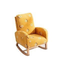 a wooden rocking chair with yellow fabric and flowers on the seat, against a white background