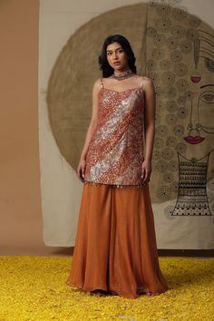 Indian Short kurta in georgette fabric. Comes with palazzos and detachable dupatta. Perfect for wedding occasions or any semi formal functions. Can be made in any colour and size. Fusion wear perfect for all body types Cape Set, Orange Texture, Short Kurta, Palazzo Set, Sharara Set, Georgette Fabric, Dresses Indian, Designer Dresses Indian, Modern Bride