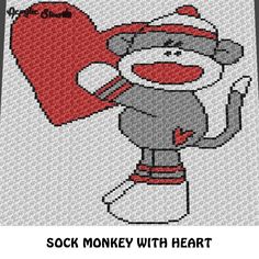 a sock monkey with a heart on it's chest and the words sock monkey with heart