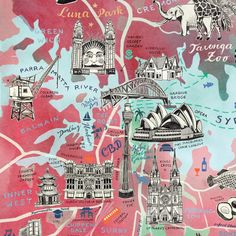 an illustrated map of sydney, australia in pink and blue with lots of landmarks on it