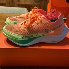 W Nike Zoomx Vaporfly Next%2 Color: Peach Cream/Black-Green Shock I Love Them, My Favorite Running Shoes But My Podiatrist Gave Me Insoles To Correct My Foot And They Don’t Fit In These. Unfortunately I Cannot Wear Them Until My Doc Approves. Nike Vaporfly, Running Girl, Sport Clothes, Summer Stuff, Peach Cream, Nike Running Shoes, Sports Club, Shoe Inspo, Cool Outfits For Men