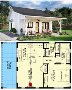 the floor plan for a small house with an attached garage and living room, as well as