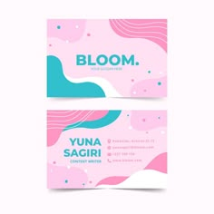 two pink and blue business cards with the words bloom on them, in front of a white