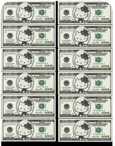 several stacks of one hundred dollar bills with hello kitty on them