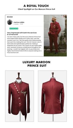 Step into royal elegance with our Luxury Maroon Prince Suit, a perfect blend of bold sophistication and impeccable craftsmanship. This suit, spotlighted by a satisfied client, features a rich maroon color and custom fit, making it ideal for special events where making a statement is key. Experience the luxury of Andre Emilio, where every detail is crafted to perfection. Perfect for those looking to elevate their formal attire with a touch of regal flair. Prince Suit, Client Diaries, Italian Traditions, Bespoke Suit, Luxury Wear, Formal Attire, Maroon Color, Custom Fit, Special Events