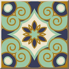 an artistic tile design in blue, brown and white with swirls on the border