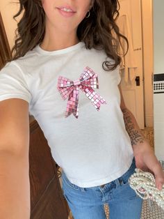 Pink Disco Bow Shirt 90s Crop Top, Coquette Clothing, Cottagecore  GenZ Shirt, Preppy 2000s Retro Y2K Baby Tee Look Cute Gift for Girlfriend 90s Style Summer Party T-shirt, 90s Inspired Pink Fitted T-shirt, Cute Cotton Party Tops, 90s Inspired Pink T-shirt For Spring, 90s Short Sleeve Party Tops, 90s Style Short Sleeve Party Tops, Y2k Crew Neck T-shirt For Party, 90s Inspired Pink Short Sleeve Top, Preppy 2000s