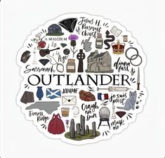 the word outlander surrounded by many different things in it's center circle