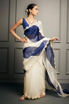 Shop for Stotram Blue Organza Striped Saree Set for Women Online at Aza Fashions Organza Saree Look Ideas, Organza Saree Aesthetic, Striped Saree, Lengha Sari, Simple Saree Designs, Blue Organza, Traditional Blouse Designs, Fancy Sarees Party Wear, Gota Work