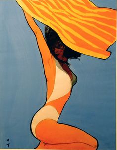 a painting of a woman in an orange and white bathing suit