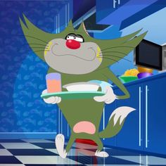 a cartoon cat holding a plate with food on it's lap and standing in front of a microwave