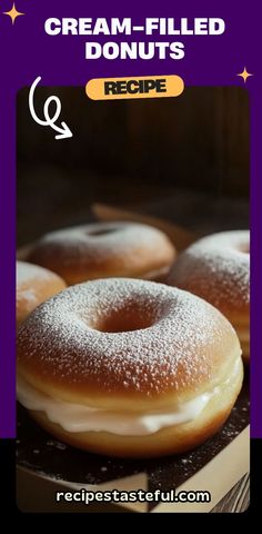 two donuts covered in icing sitting on top of a box with the words cream - filled donuts recipe below it